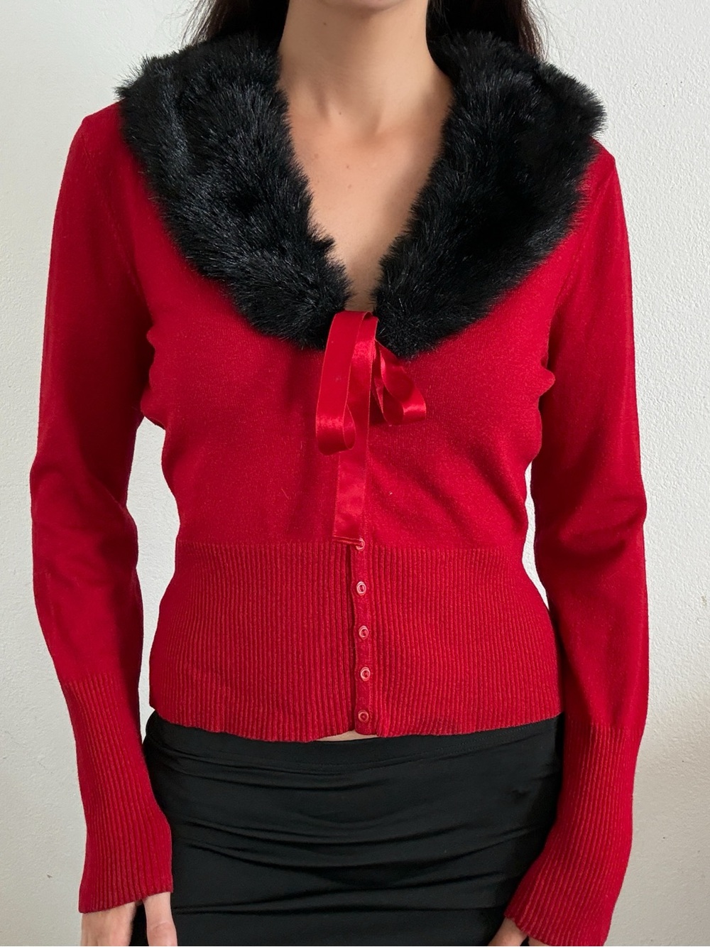 Vintage 90s black button up cardigan sweater fur trim collar long sleeve winter